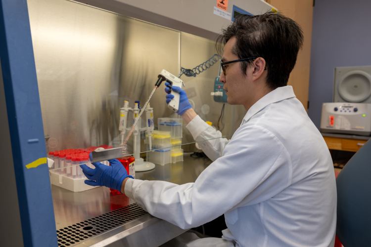 Dr. Yi Bao performs an experiment.